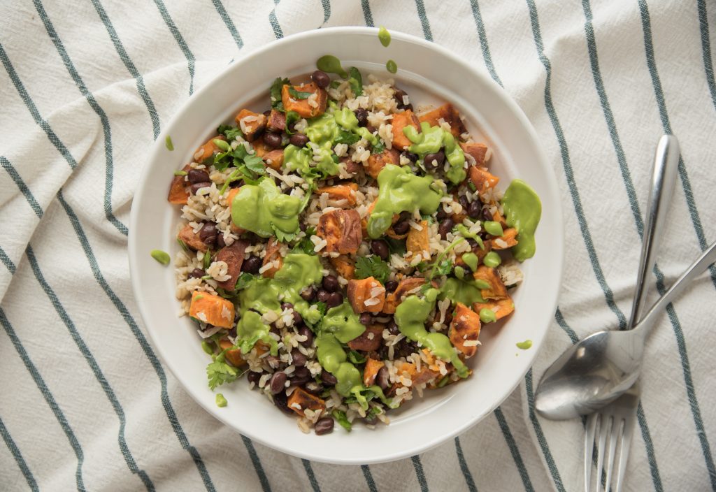 Sweet Potato and Black Bean Brown Rice with Avocado Cilantro Sauce